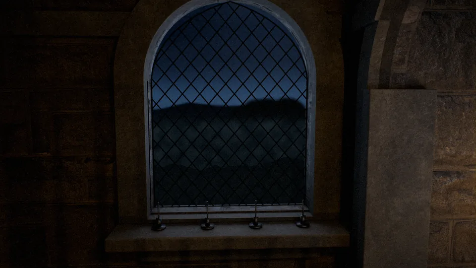 Candles in the landing window, the moon behind the leaded glass
