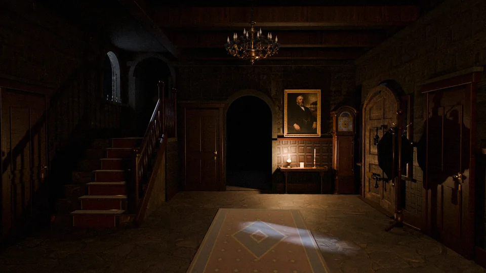 The hall by lamplight: a staircase, a portrait over the hall table and the front door in shadow