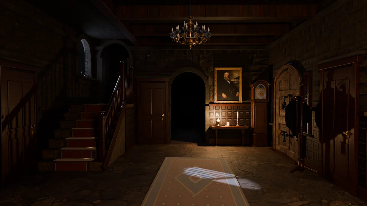 The hall of Sallow House by lamplight: a staircase, a portrait, the lamp on the hall table