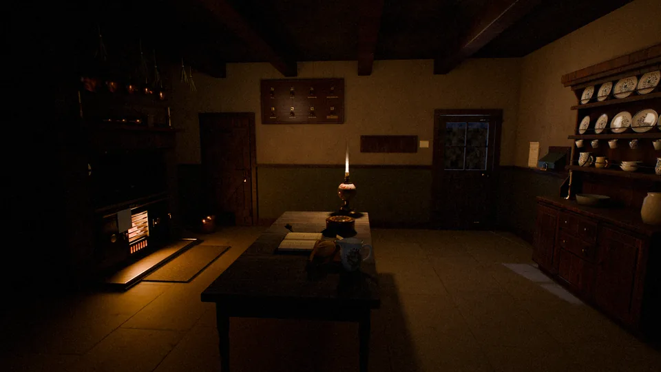 The kitchen: the range lit, a candle on the long table, a dresser of plates