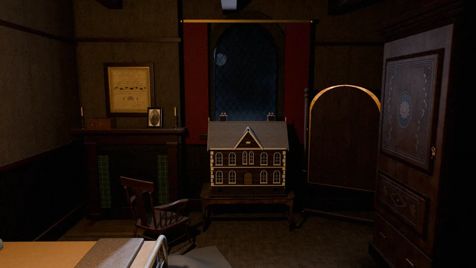 The nursery: a dolls' house under a frosted window, a rocking chair, the wardrobe door ajar