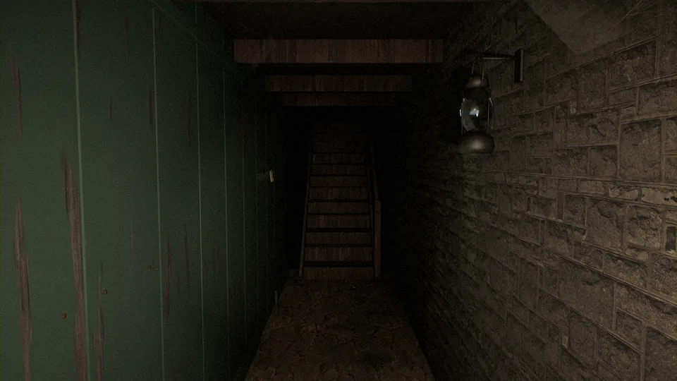 A narrow stone passage by the light of one lantern, stairs going down into the dark