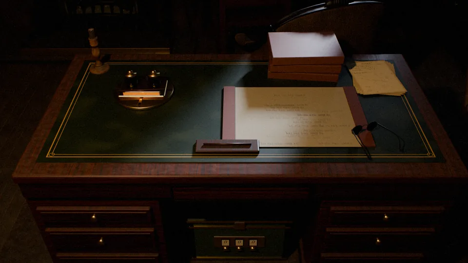 The study desk by lamplight: papers, an inkstand and a drawer with a lock