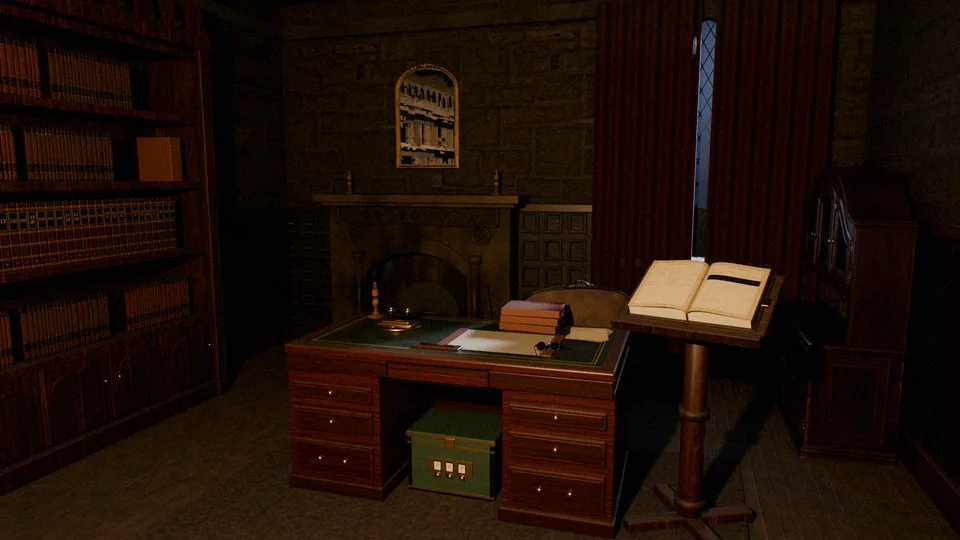 The study: shelves of ledgers, a desk and a reading stand by the fireplace